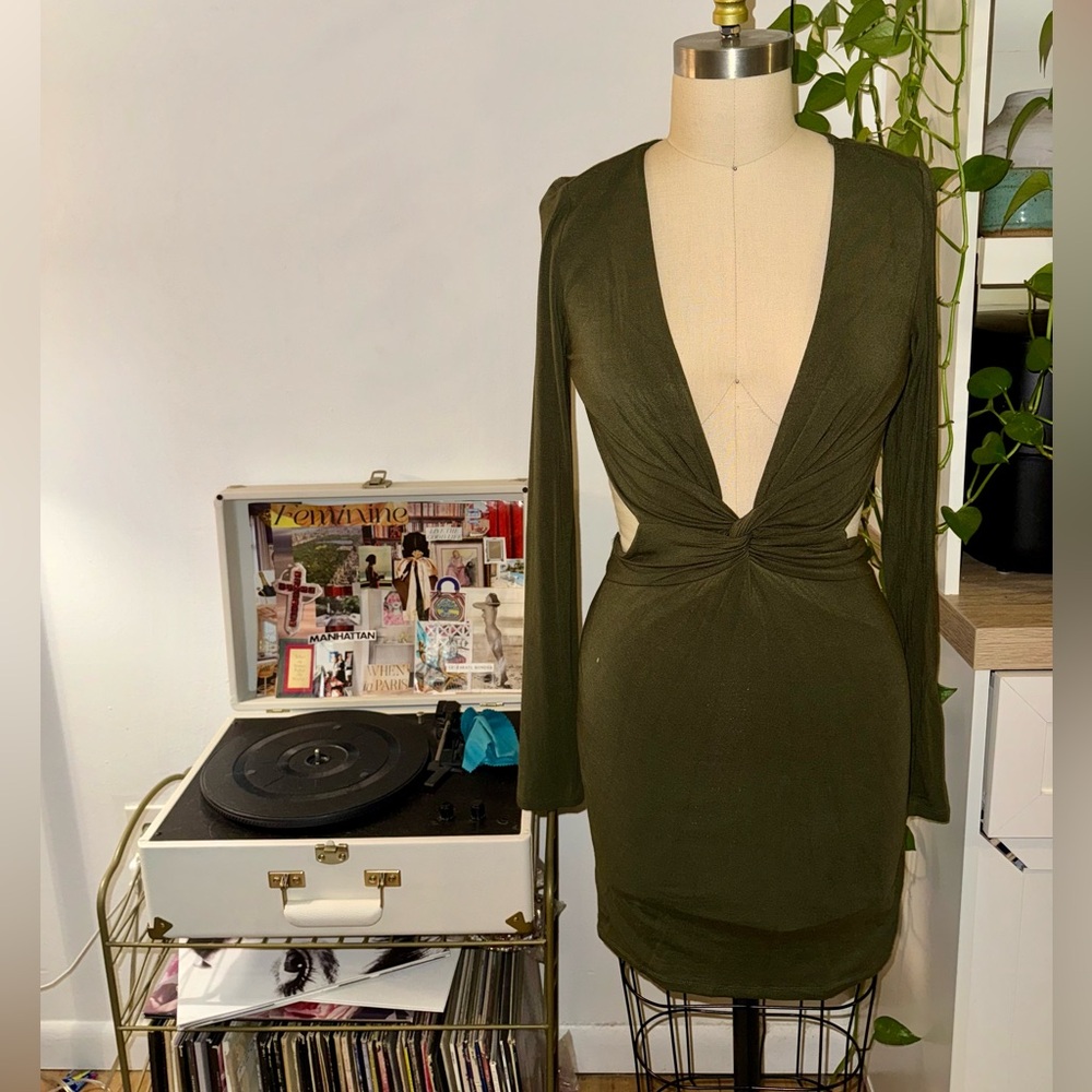 Sage Green Plunge Long Sleeve Dress